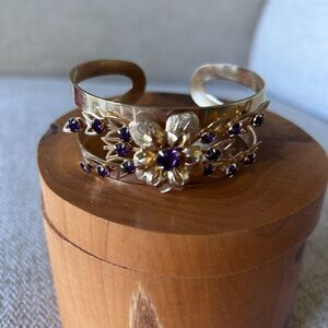 Vintage Gold Tone Floral Cuff Bracelet Purple Rhinestones Open Bangle